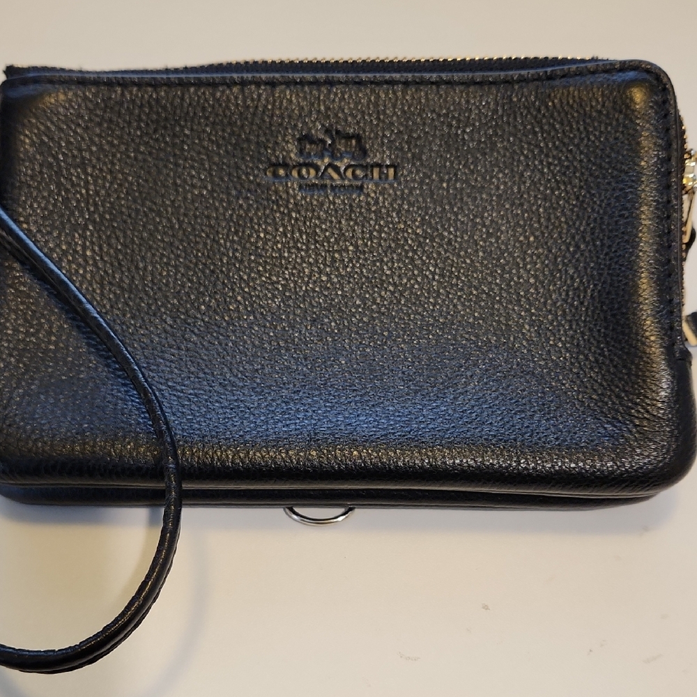 Coach Black Pebbled Leather Double Zip Wristlet